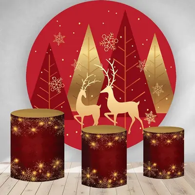 Aperturee Gold Elk Glitter And Red Round Chrismas Backdrop Kit | Custom Round Backdrop | Birthday Round Backdrop Cover | Birt...