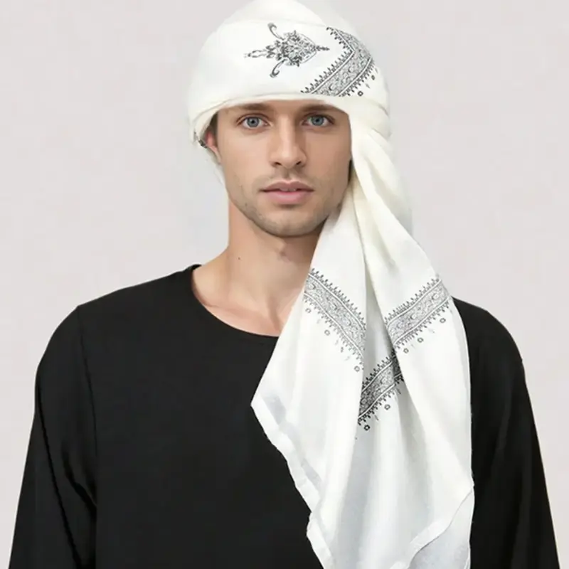 1pc White Muslim Shemagh Scarf with Black & Gray Design - Traditional Islamic Ramadan Headscarf, Windproof Neck Wrap for Men,...