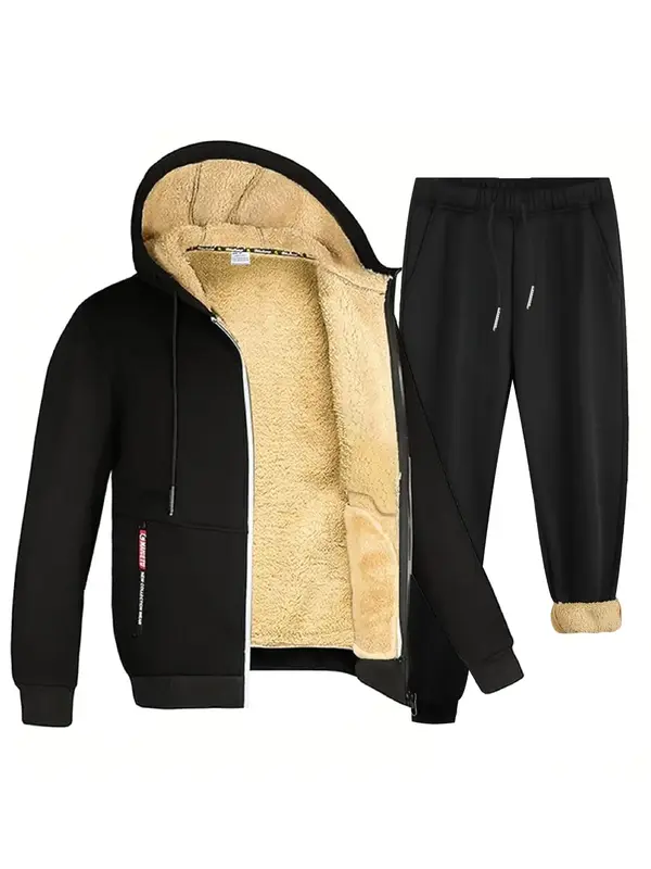 Two-piece Set Men's Solid Zip Up Hooded Jacket & Drawstring Waist Pants Set, Regular Fit Casual Long Sleeve Hooded Outerwear ...