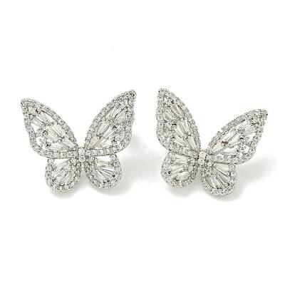 Rack Plating Butterfly Brass Micro Pave Clear Cubic Zirconia Stud Earrings