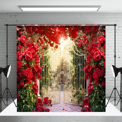 Romantic Red Floral Wreath Gold Gate Photo Backdrop - Aperturee