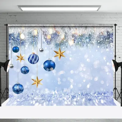 Aperturee Blue White Snowy Bells Star Bokeh Christmas Backdrop
