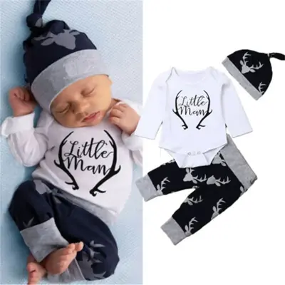 3PCS Newborn Infant Baby Boy Long Sleeve Little Man Romper Deer Pants Hat Clothes Set