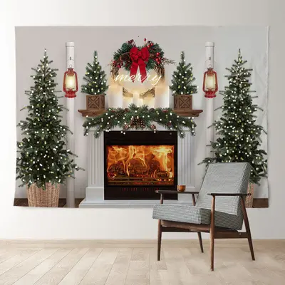 Aperturee Pine Fireplace Warm Light Merry Christmas Backdrop
