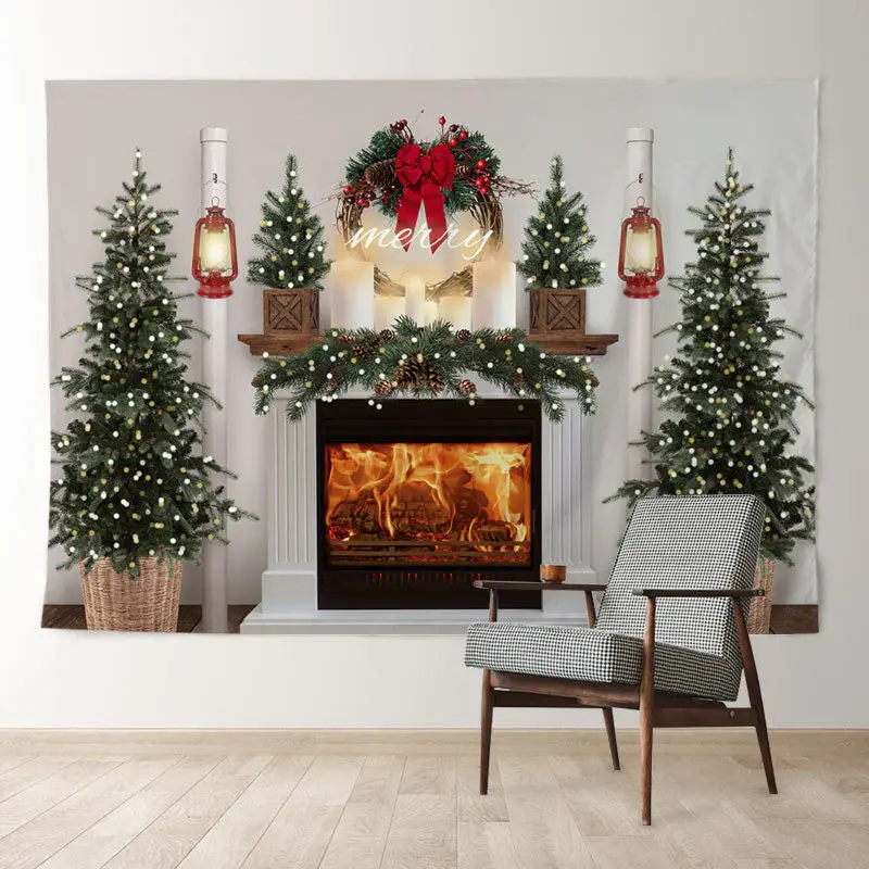 Aperturee Pine Fireplace Warm Light Merry Christmas Backdrop