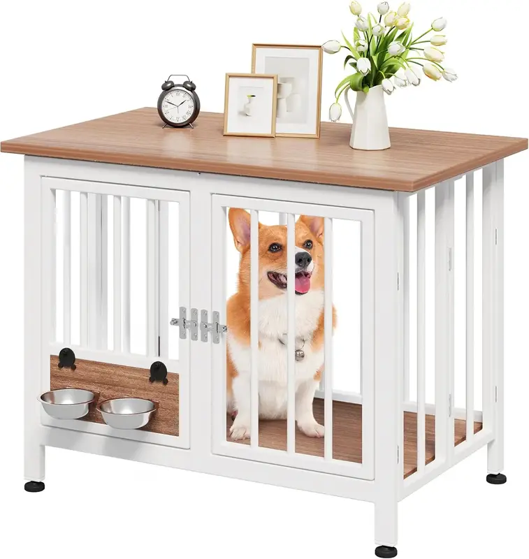 Yitahome 33 /39.3 Foldable Dog Crate Furniture, Portable Wooden Kennel End Table with Adjustable Feet & 360° Rotatable B...