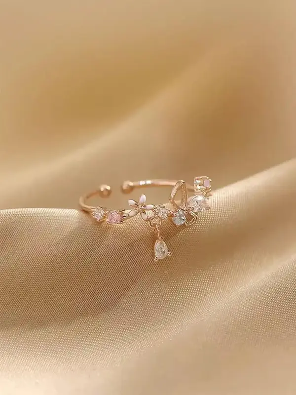 Elegant Rhinestone Inlaid Butterfly Design Cuff Ring As Valentine's Gift, Fashion All-match Accessories for Women & Girls, Ma...