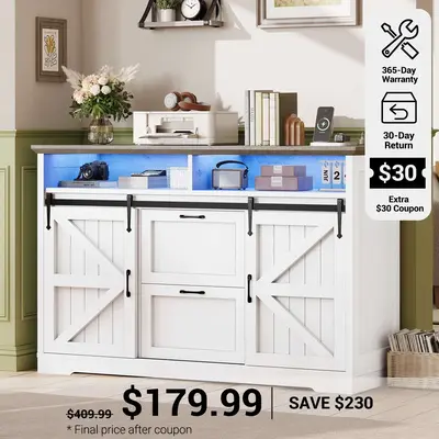 SEDETA 47.2 Inch File Cabinet 2 Drawers Farmhouse Filing Cabinets for A4 File with Barn Door Power Outlets Printer Stand LED ...