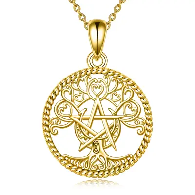 14K Gold Celtic Spiral Knot Heart Pentagram Necklace for Women