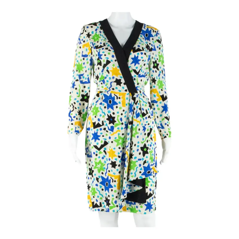Womens Wrap Dress White Silk Crazy Pattern Long Sleeve Midi S