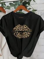 Women's Leopard Lip Print Round Neck Tee, Fashion Casual Crew Neck T-shirt for Daily Holiday Vacation Outdoor Wear, Ladies Cl...