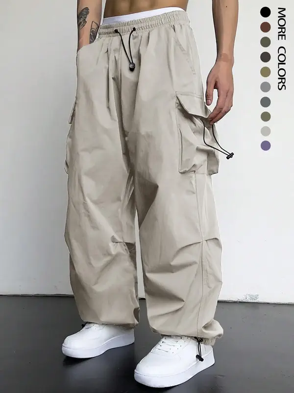 Men's Solid Multi-Pocket Cargo Pants, Loose Street Y2K Style Trendy Drawstring Waist Trousers for Daily Wear, Casual Outdoor...