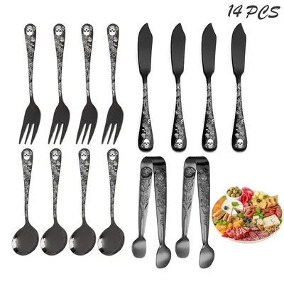 Gothic Style Cutlery Set, 7/14pcs/set Stainless Steel Butter Knife & Fruit Cake Fork & Spoon & Food Clip, Tableware Set for H...