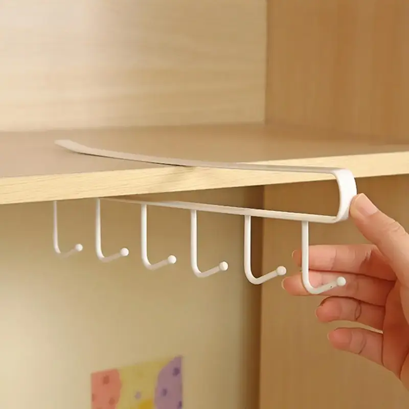 Fall Coffee Mug Holder, 1 Count Punch-free Cabinet Storage Rack with 6 Hooks, Under Shelf Coffee Mug Rack, Home Organizer, Bo...