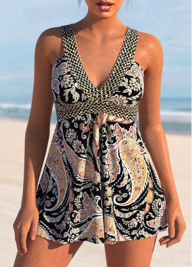 Modlily Patchwork Paisley Print Black Swimdress Top - M