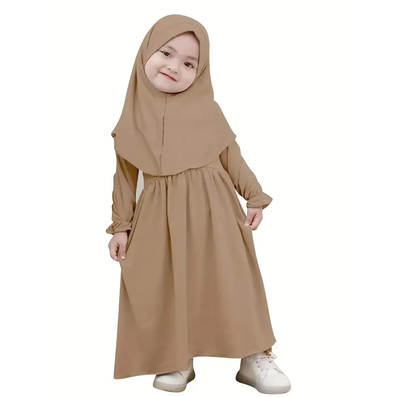 European and American Spring and Autumn Style Children's Solid Color Long Sleeve Muslim Skirt Middle East Ramadan Skirt + Hea...