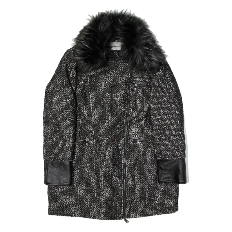 FIORELLA RUBINO Faux Fur Collar Overcoat Coat Black Wool Womens UK 14