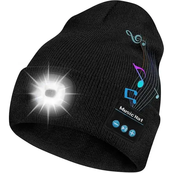 Bluetooth Beanie Hat with Light, Headlamp Cap with Headphones and Built-in Speaker Mic- USB Rechargeable Winter Knitted Cap,C...