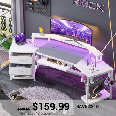 SEDETA | 79 Inch LED Wraparound Shaped Gaming Desk with 2 Fabric Drawers for Home Office White Home Office Furniture