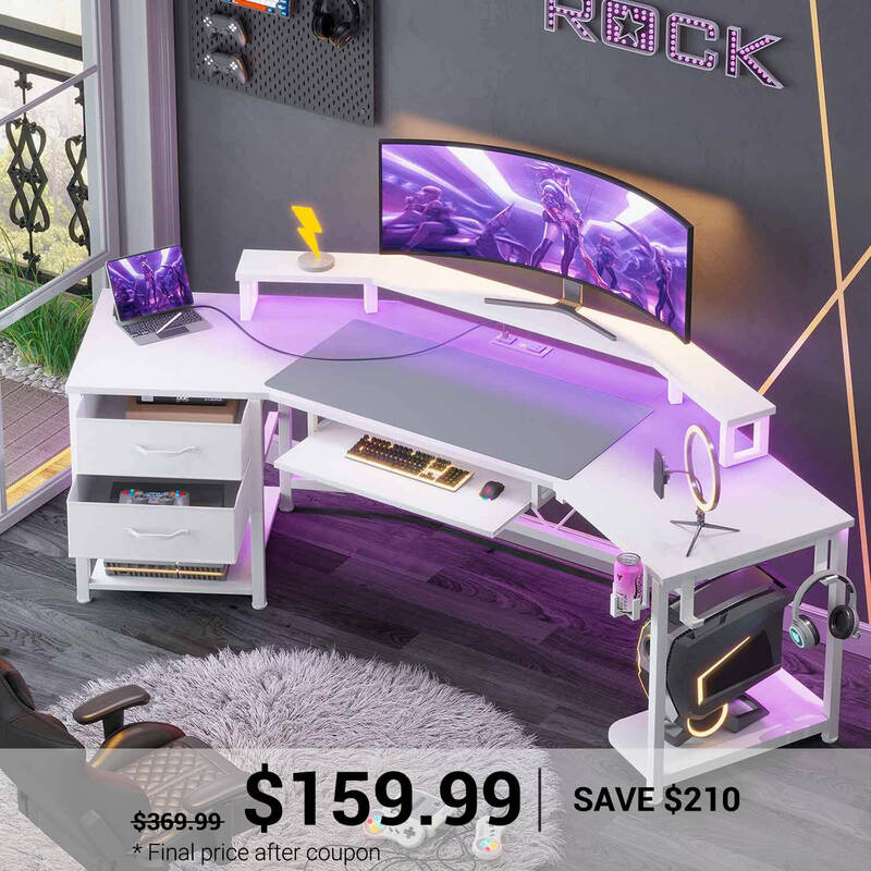 SEDETA | 79 Inch LED Wraparound Shaped Gaming Desk with 2 Fabric Drawers for Home Office White Home Office Furniture