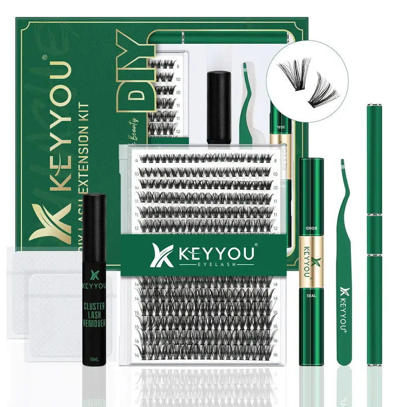 KEYYOU DIY Lash Extensions Kit Individual Lash Clusters Kit Volume Waterproof Long-Lasting Soft 300Pcs D Curl Easy to Use for...