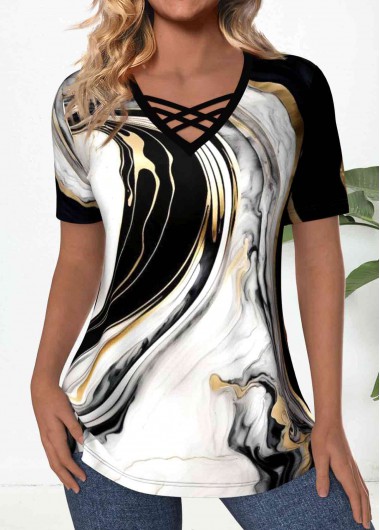 Modlily Black Criss Cross Marble Print Short Sleeve T Shirt - L