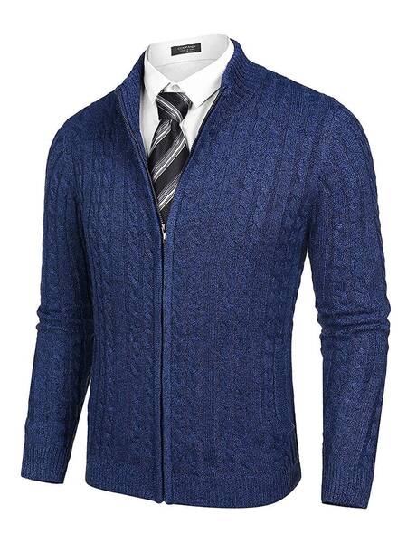 Cardigan Knitted Zip Up Sweater with Pockets (US Only), Blue / M