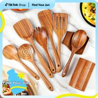 Mooues Natural Teak Wooden Kitchen Utensils Set – Safe&Eco-Friendly Wooden Utensils with Comfort-Grip Spoons & Spatulas for...
