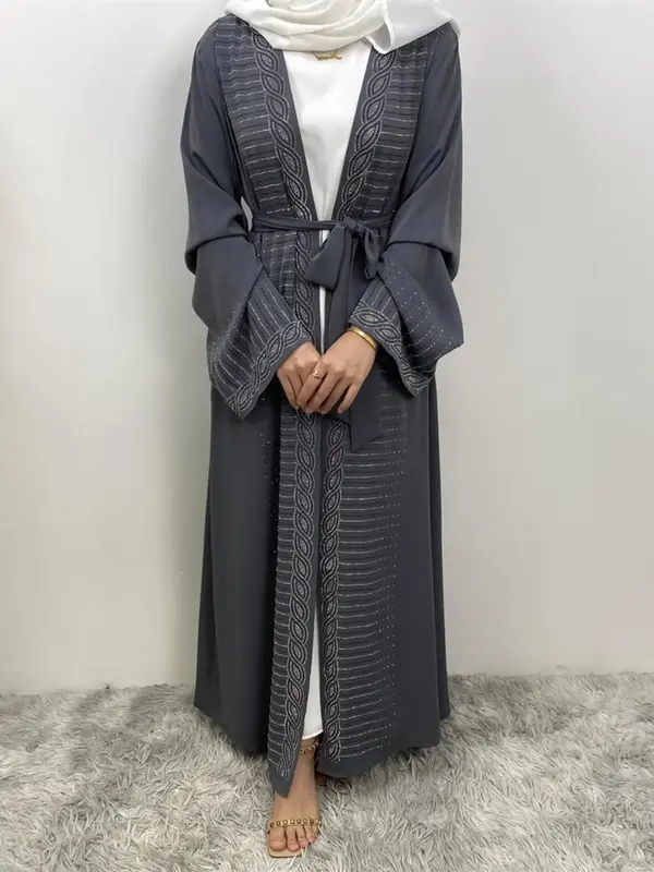 Women's Solid Color Abaya with Belt, Modest Casual Long Sleeve Open Front Abaya for Daily Wear, Ladies Islamic Clothing for A...