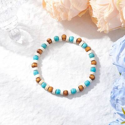 Synthetic Turquoise & Round Wood Beads Stretch Bracelets for Men Women