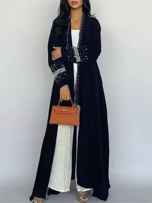 Women's Rhinestone & Faux Pearl Decor Abayas with Chiffon Hijab, Elegant Long Sleeve Open Front Abayas for Daily Wear, Abayas...