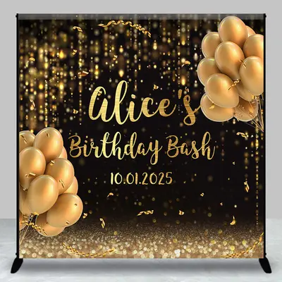 Custom Black Gold Balloons Birthday Bash Backdrop - Aperturee