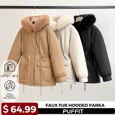 PUFFIT Faux Fur Mid-Length Hooded Drawstring Parka, Winter Warm Thickened Ladies Puffer Jackets, Fleece Lined Winter Coat for...