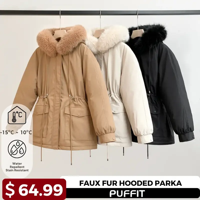 PUFFIT Faux Fur Mid-Length Hooded Drawstring Parka, Winter Warm Thickened Ladies Puffer Jackets, Fleece Lined Winter Coat for...