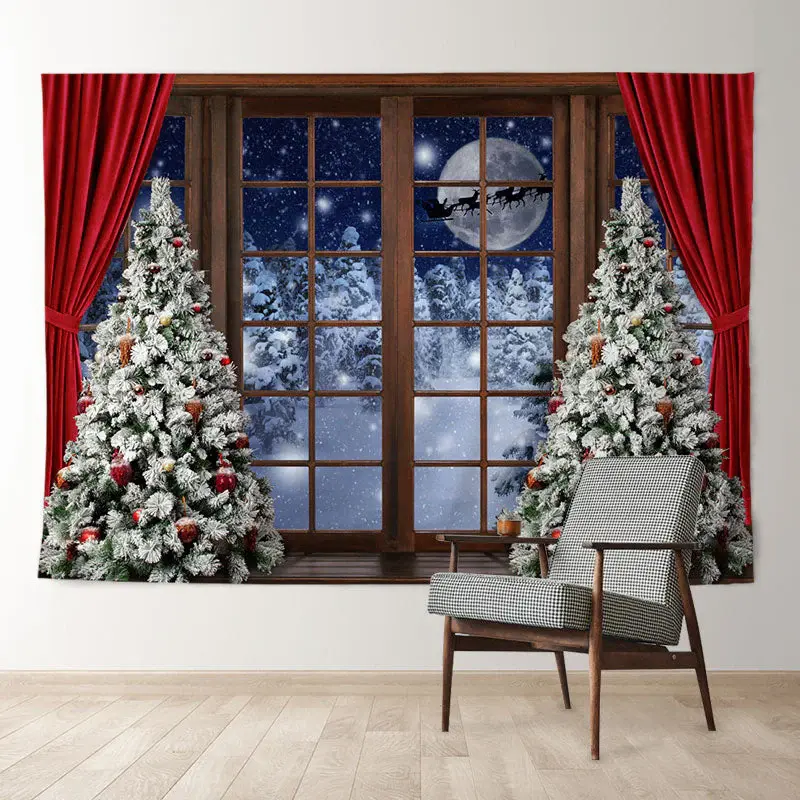 Aperturee Red Curtain Snowy Eve Moon Deer Christmas Backdrop