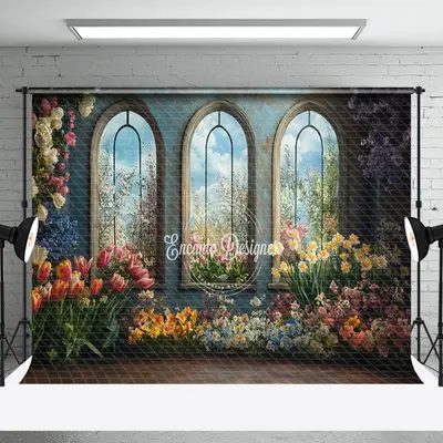 Colorful Floral Blue Retro Mural Window Backdrop - Aperturee