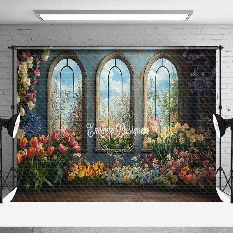 Colorful Floral Blue Retro Mural Window Backdrop - Aperturee