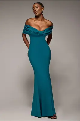 Goddiva Bardot Bow Neck Maxi Dress - Emerald Green