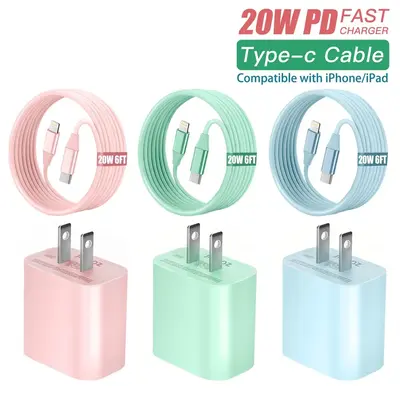 20W PD Wall Charger & 20W 6FT Fast Charging Cable Set, 3 Sets Type-C Wall Charger with Cable for iPhone 14/13/12 Pro Max/12Mi...