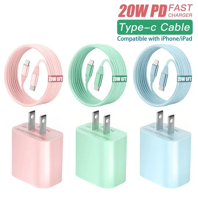 20W PD Wall Charger & 20W 6FT Fast Charging Cable Set, 3 Sets Type-C Wall Charger with Cable for iPhone 14/13/12 Pro Max/12Mi...