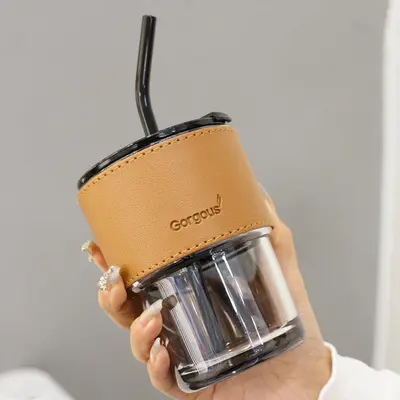 Creative Portable Bamboo Cup With Lid Straw Glass | style: 15 Style