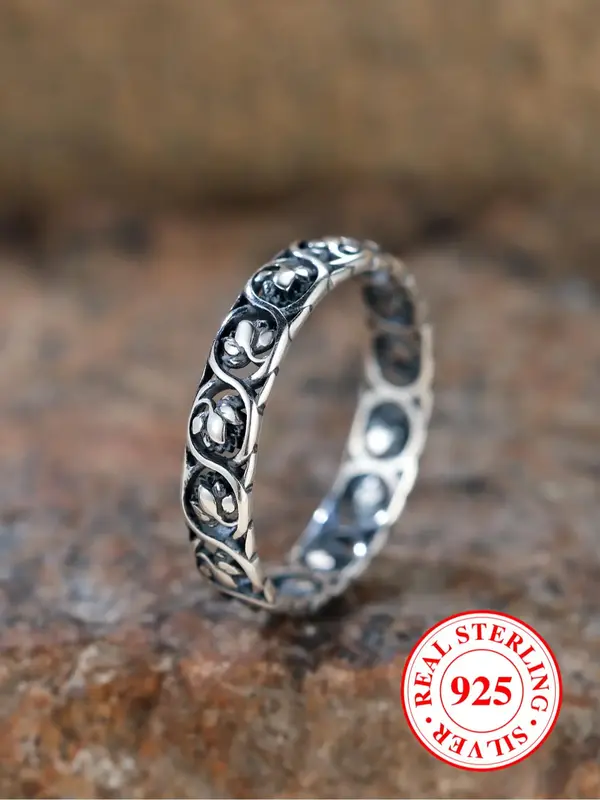 S925 Sterling Silver Hollow Out Lotus Design Ring, Vintage Style Engraved Ring, Fashion Jewelry Accessories for Women & Men