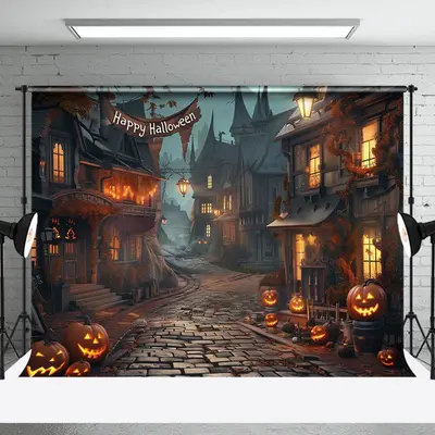 Old Scary Street Pumpkins Happy Halloween Backdrop