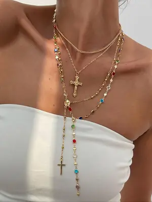 4 Piece Set Vintage Metal Jesus Cross Y-Style Long Necklace, Bohemian Style Colorful Crystal Pendant Jewelry, Perfect Fashion...