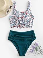 Women's Plants Print Bikini Set, Casual Tankini Top & Ruched Swim Panty, Ladies Swimsuit for Beach Holiday Vacation