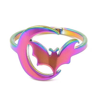 Ion Plating(IP) 304 Stainless Steel Moon with Bat Adjustable Ring for Women