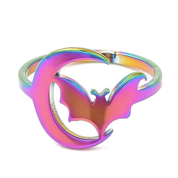 Ion Plating(IP) 304 Stainless Steel Moon with Bat Adjustable Ring for Women