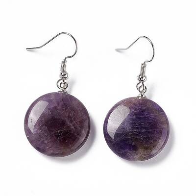 Natural Amethyst Flat Round Dangle Earrings