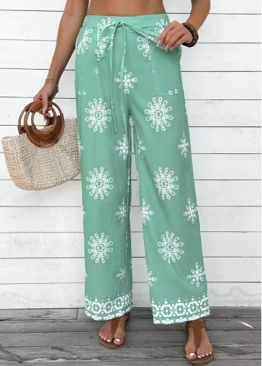 Modlily Mint Green Soft Floral Print Wide Leg Pants - L