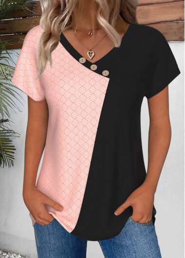 Modlily Light Pink Patchwork Short Sleeve V Neck T Shirt - L
